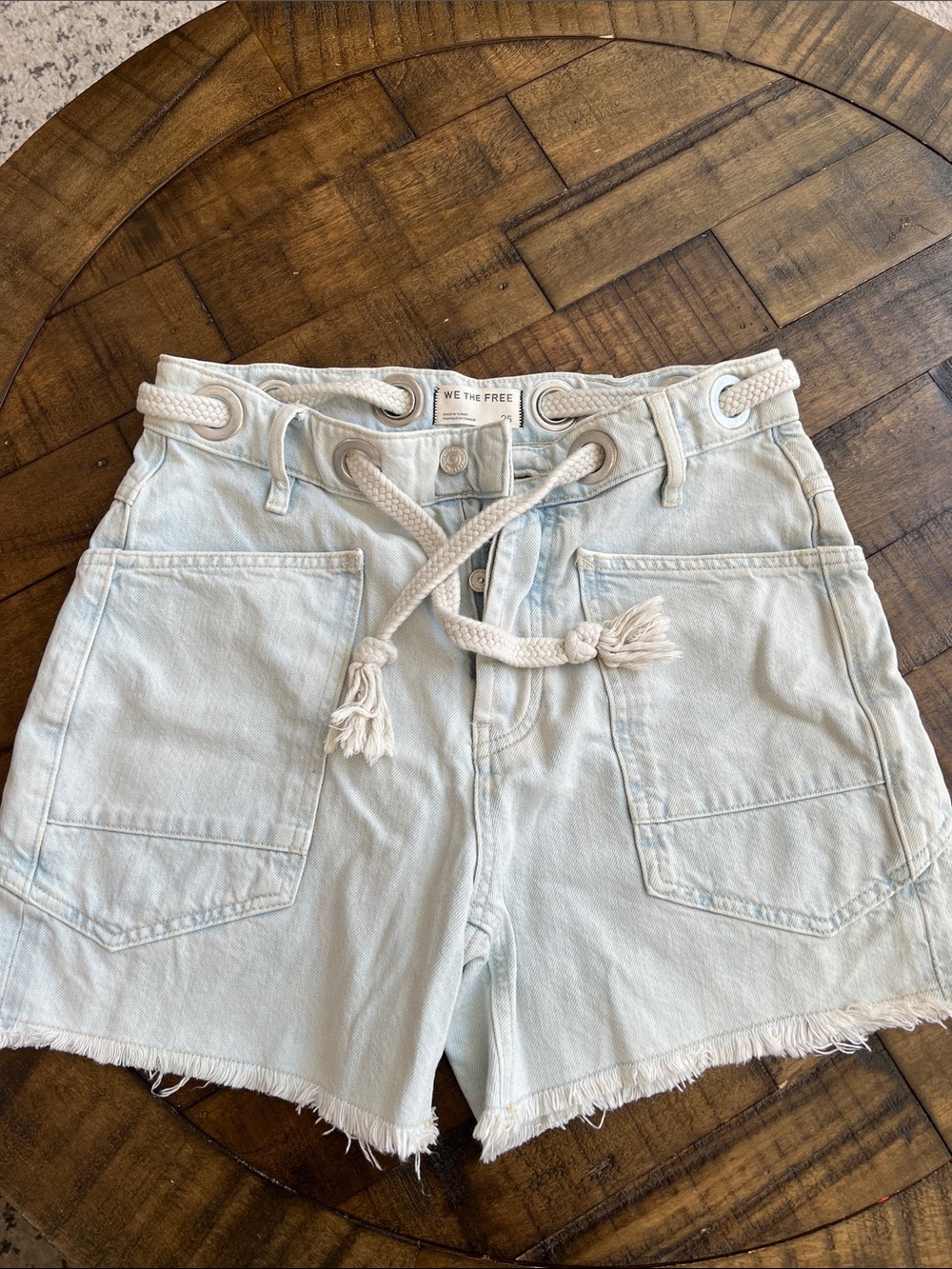We The Free Pale Blue High-Rise Denim Shorts with Rope Belt